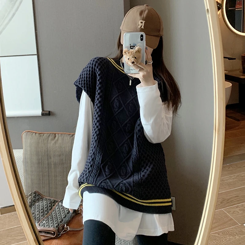 

2020 Autumn and Winter Korean Style O-neck Knitted Pullovers Womens Knitwear Short Sleeve Vest Sweaters Womens Preppy Style Vest