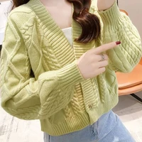 spring autumn womens cardigan korean style the retro solid color v neck knitted cardigan loose short twist sweater coats