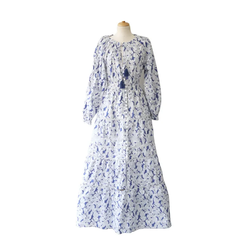 

New style loose v-neck waist small fresh print floral sunscreen dress lace-up holiday