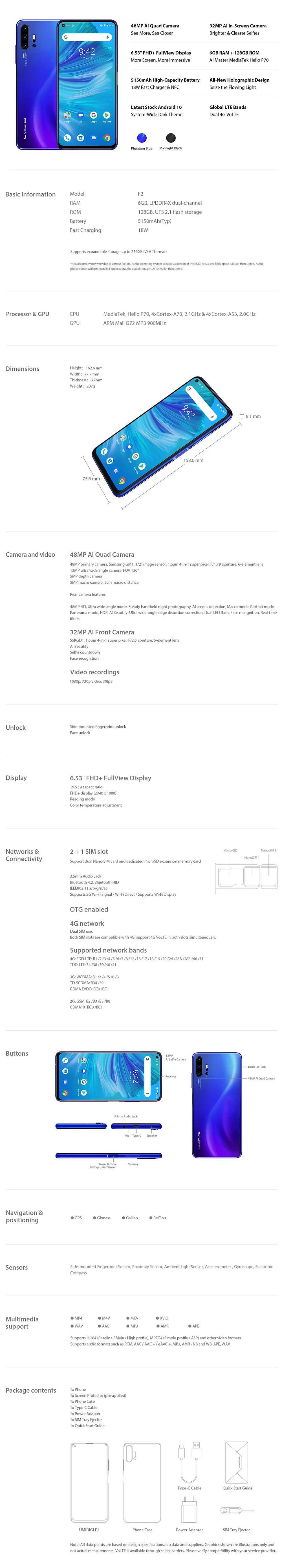 Глобальная версия UMIDIGI F2 Android 10 6,5" FHD+ 6GB128GB 48MP AI Quad camera 32MP Selfie Helio P70 NFC 5150mAh мобильный телефон
