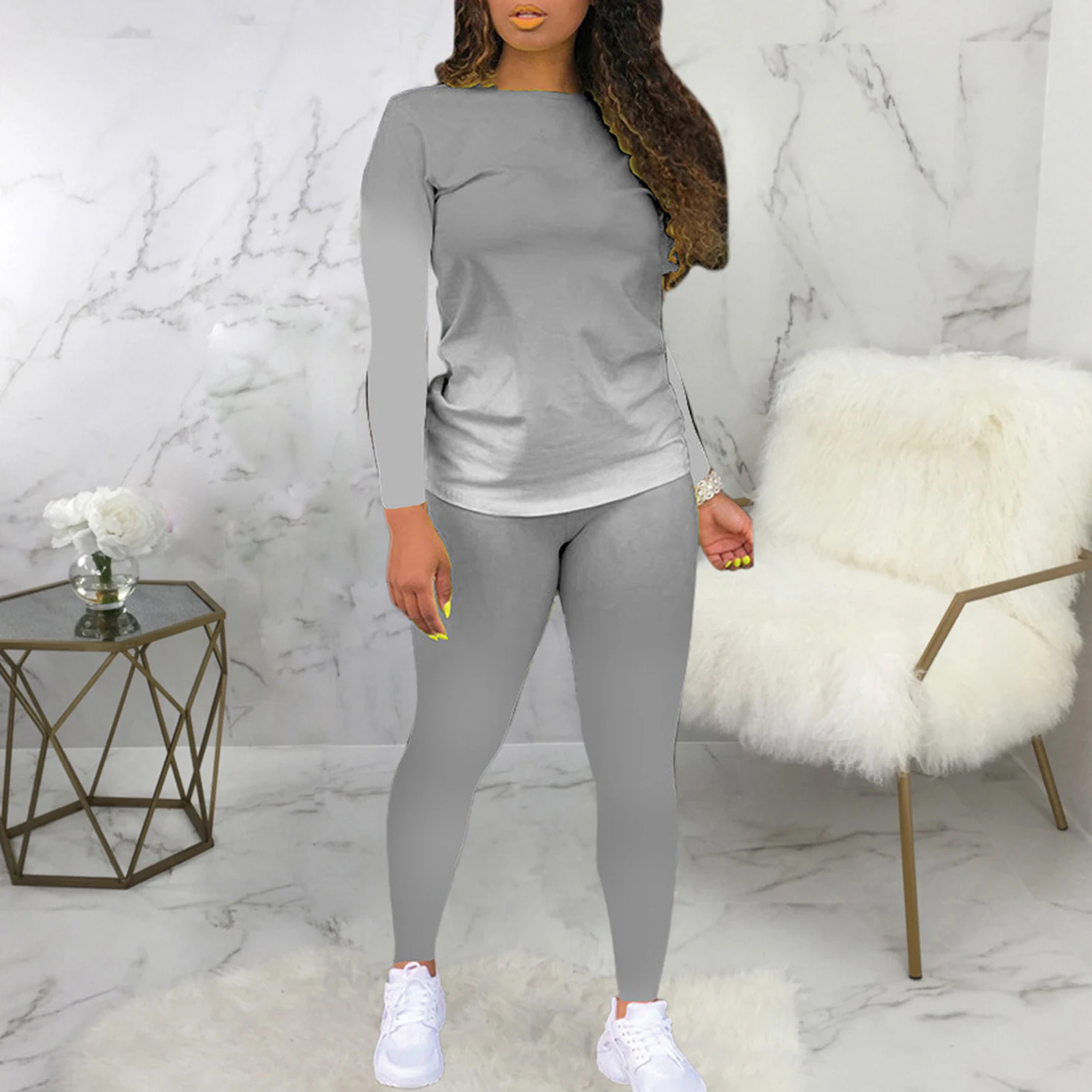 

Women Gradient Long Sleeve O Neck Elastic Blouse Top Pants Pajamas Sleepwear Set