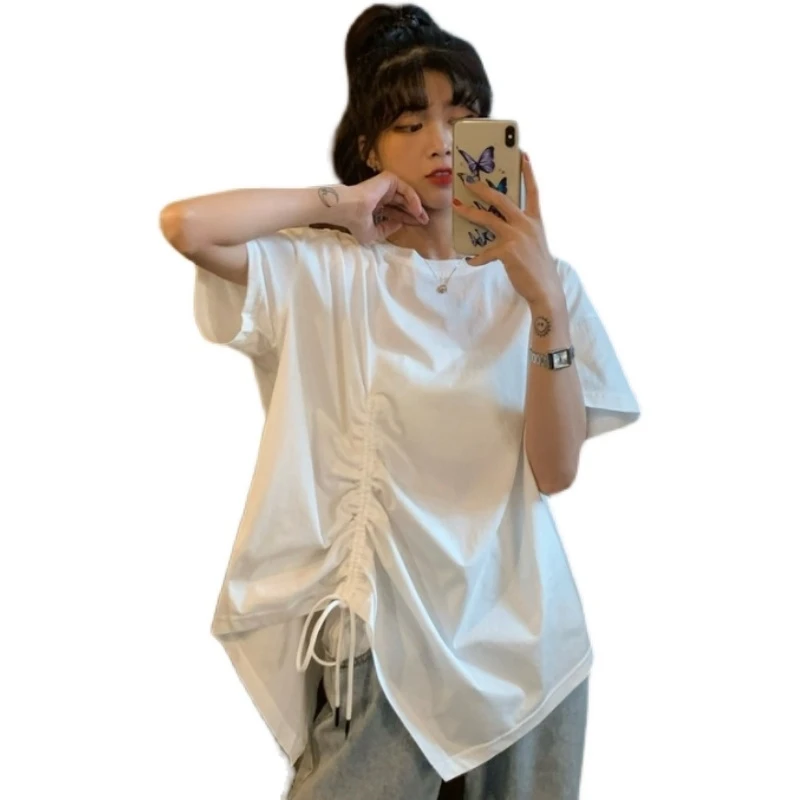 

Fat Girl Summer 300 Jin 240 Short-Sleeved T-shirt Women's Ins Trendy Large Size Women's Korean Style Loose Drawstring Irregular