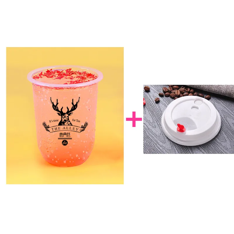 cup and lid Одноразовый жир u-образный узор креативный прозрачный молочный чай пластиковая чашка кофе напиток сок Напиток Упаковка чашки с крышкой - Цвет: cup and lid