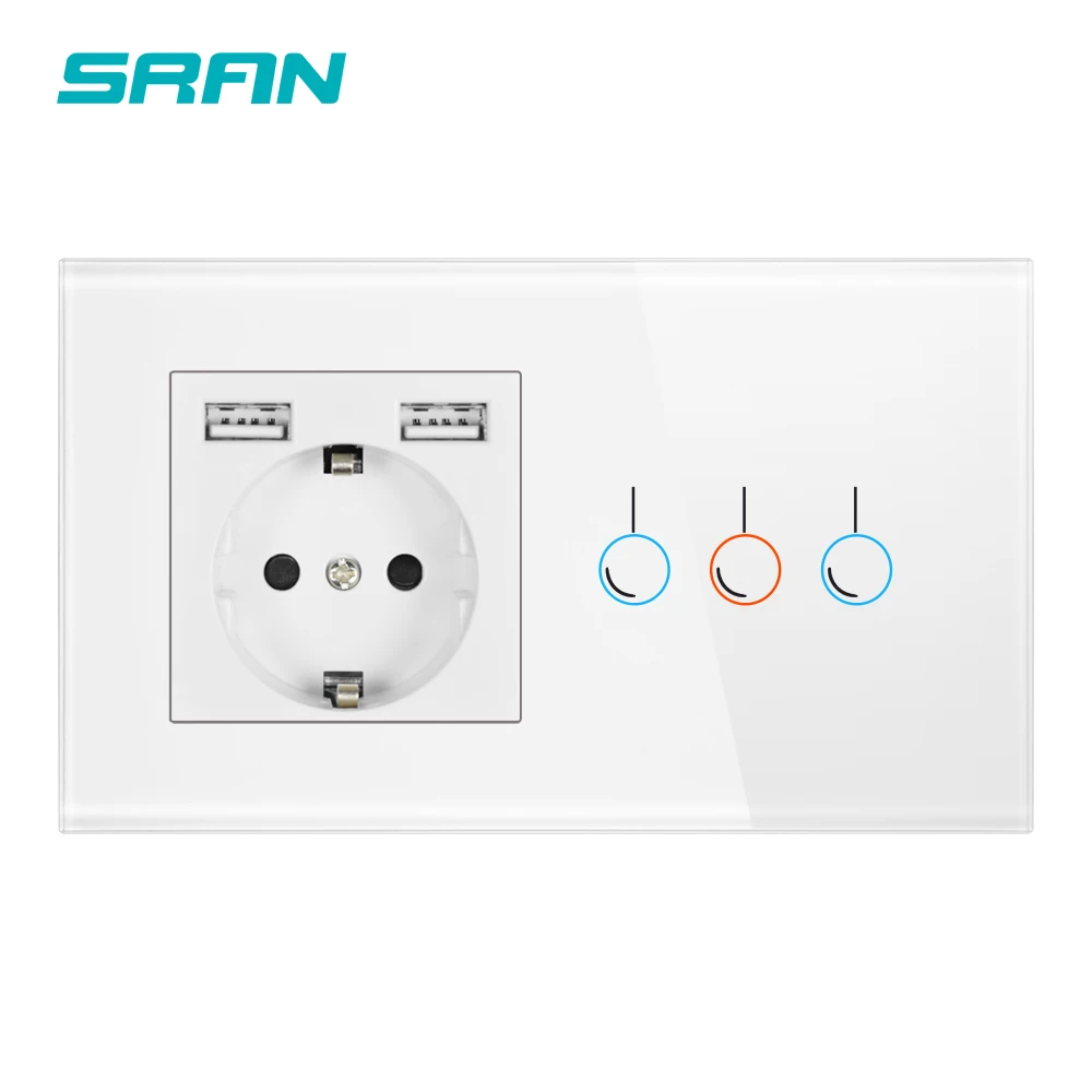 SRAN Сенсорный выключатель с розеткой с USB-панелью из хрусталя 146* 86 220 В 16A EU enchufe 2,1 А 5 В USB-телефон электрическая розетка с выключателем 1/2/3-канальная розетка Россия - Цвет: 3gang white