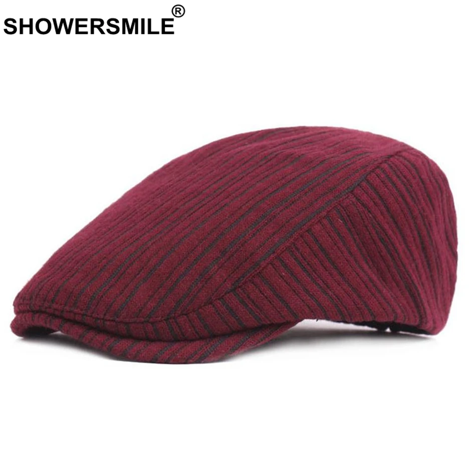 SHOWERSMILE, красный берет, шапки для мужчин, хлопок, в полоску, плоская кепка, женская, повседневная, регулируемая, осень, зима, шапка утконоса, теплая Кепка, британский стиль - Цвет: Red Beret