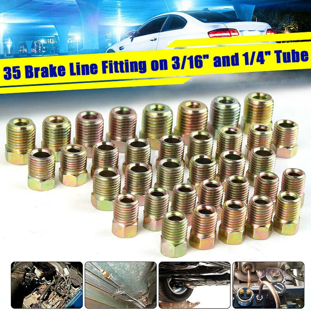 35pcs Brake Line Fitting Nuts Kit Iron Plating Zinc Tube Nuts For Inverted Flares On 3/16 & 1/4 Tube Tubing