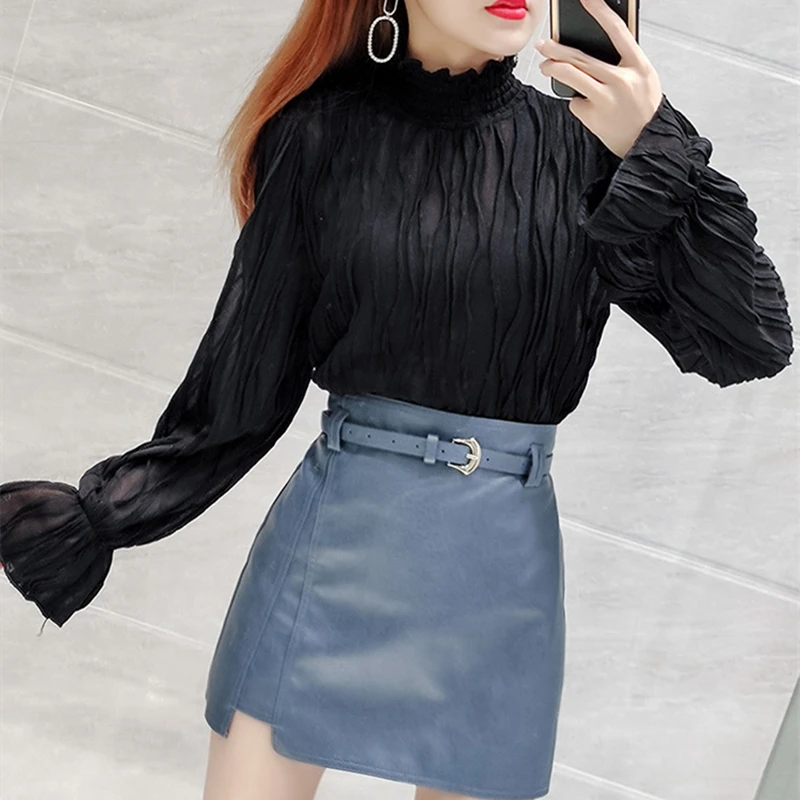 

Korean Clothes Women Fashion Spring 2021 Flare Long Sleeve Top Y2k Ladies Tshirts Drape Turtleneck Tee Shirt Vetement Femme New