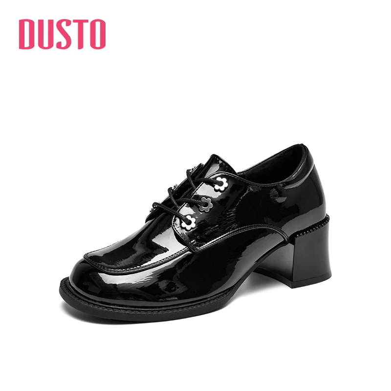 

DUSTO 2021 new autumn high heels round head lace up women's small leather shoes women's shoes