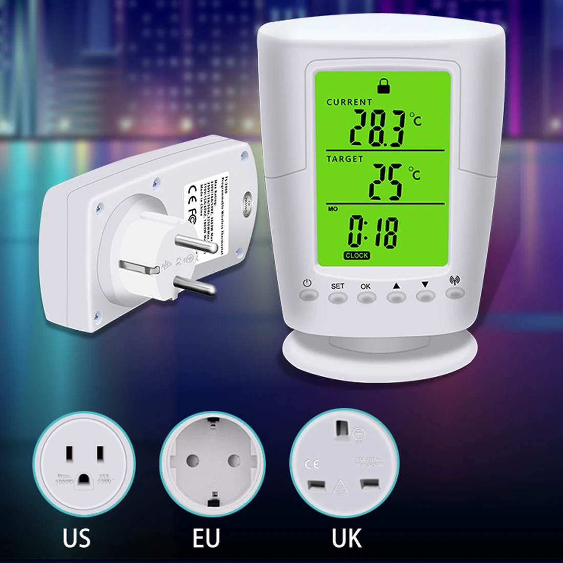

Multi-Function Intelligent Temperature Control Socket Wireless Thermostat Socket White LCD Home Adjustable temperature