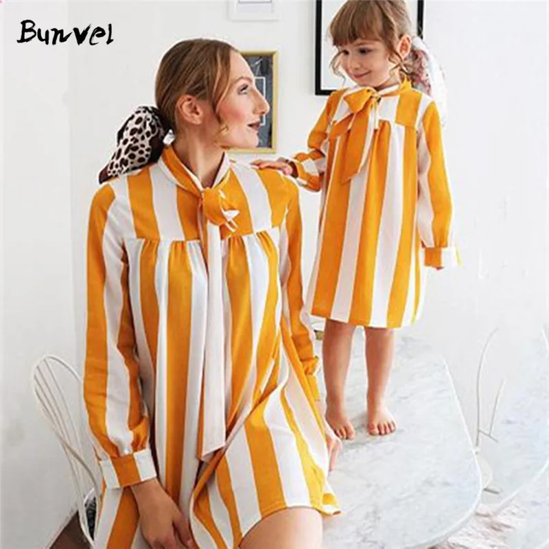 bunvel Autumn Mother and Daughter Dress Long Sleeve Yellow Striped Baby Dresses Girl Vestidos f | Мать и ребенок