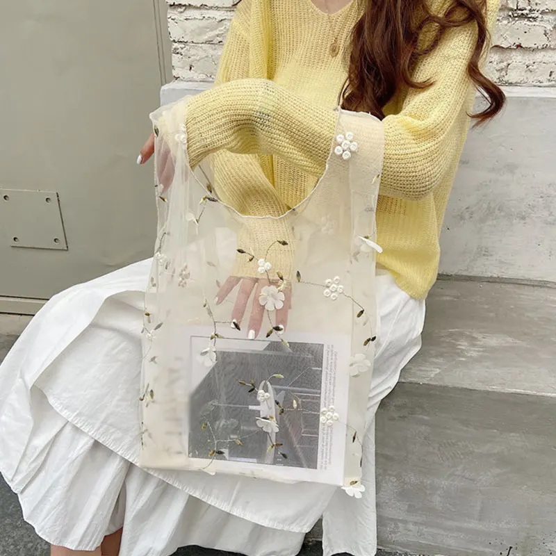 

Women Transparent Tote Double Organza Yarn Cloth Bag Embroidery Flowers Handbag High Quality Eco Shopping Bag Purses For Girls