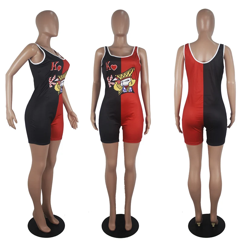 

Solid Color Poker Printed Sleeveless Summer Women Jumpsuit European and American Hot Style Model Sexy Casual Fashion