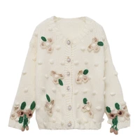 autumn ancient white sweet bean flowers three dimensional jacquard embroidery cherry thick stick needle sweater women cardigan
