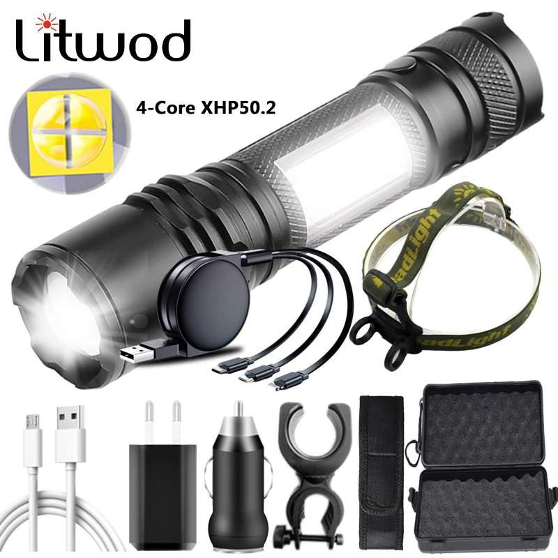 

4 Core XHP50.2 Led Flashlight Built in 18650 Usb Rechargeable Battery Zoomable Power Bank Torch Head Lamp Hard Bike Light Litwod