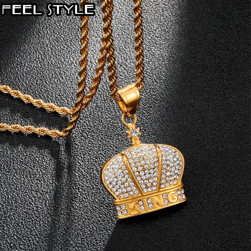 Хип хоп 316L нержавеющая сталь полностью Стразы ожерелье с короной короля ожерелья