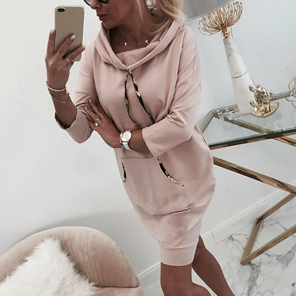 

Hoodies Dress Women Autumn Winter Casual Hooded Sweatshirt Dresses 2019 New Ladies Long Sleeve Pink Pocket Pullover Dress 2021#k