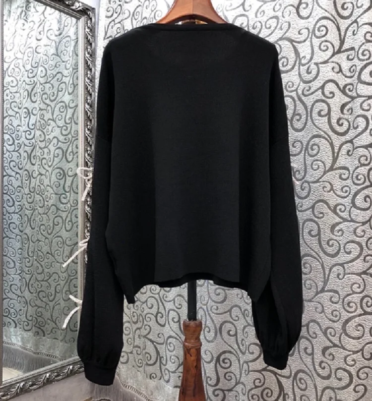 

2020 Autumn Winter Fashion Black Sweaters High Quality Women Crystal Beading Bow Deco Long Sleeve Casual Wool Knitted Pullovers
