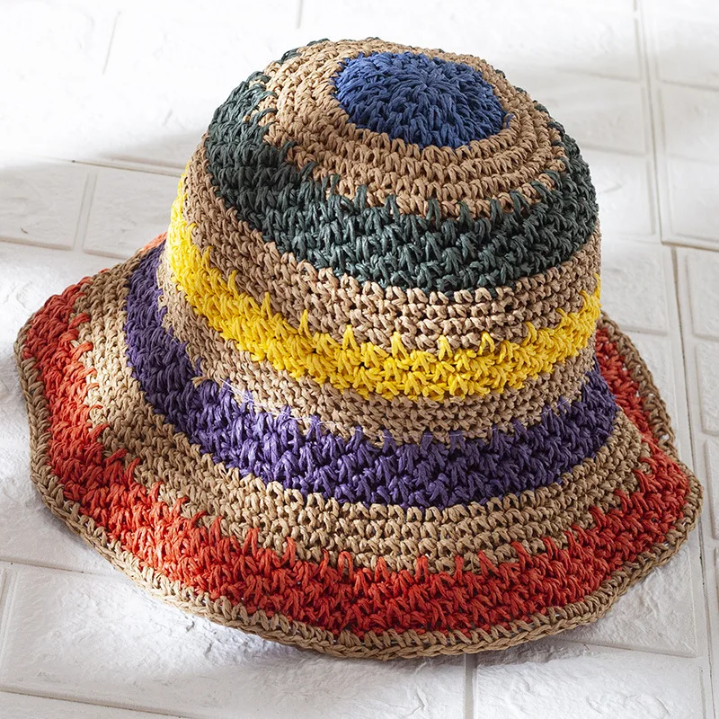 

202103-YZ new summer Rainbow Stripe handmade paper holiday leisure lady sun cap women leisure hat
