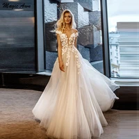 magic awn vintage tulle wedding dresses 3d flowers appliques illusion cap sleeve open back princess mariage gowns vestidos novia