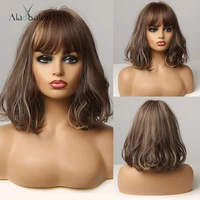 alan eaton short wavy bobo synthetic wig with bangs brown honey golden cosplay wig with highlight for women girls lolita cute