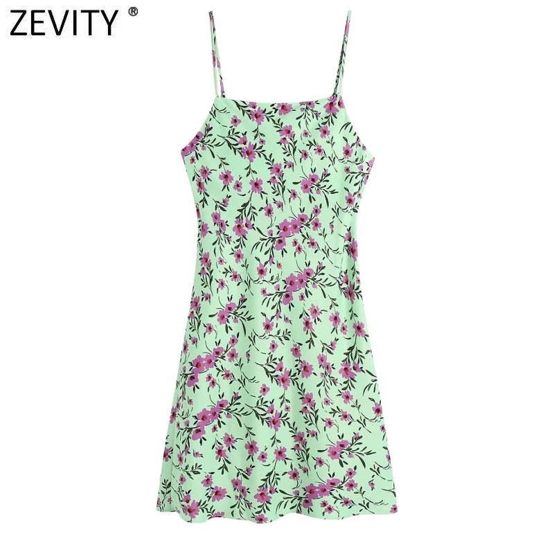 

Zevity New Wome Fashion Leaves Flower Print Sling Mini Dress Female Chic Backless Button Up Spaghetti Strap Slim Vestidos DS8319