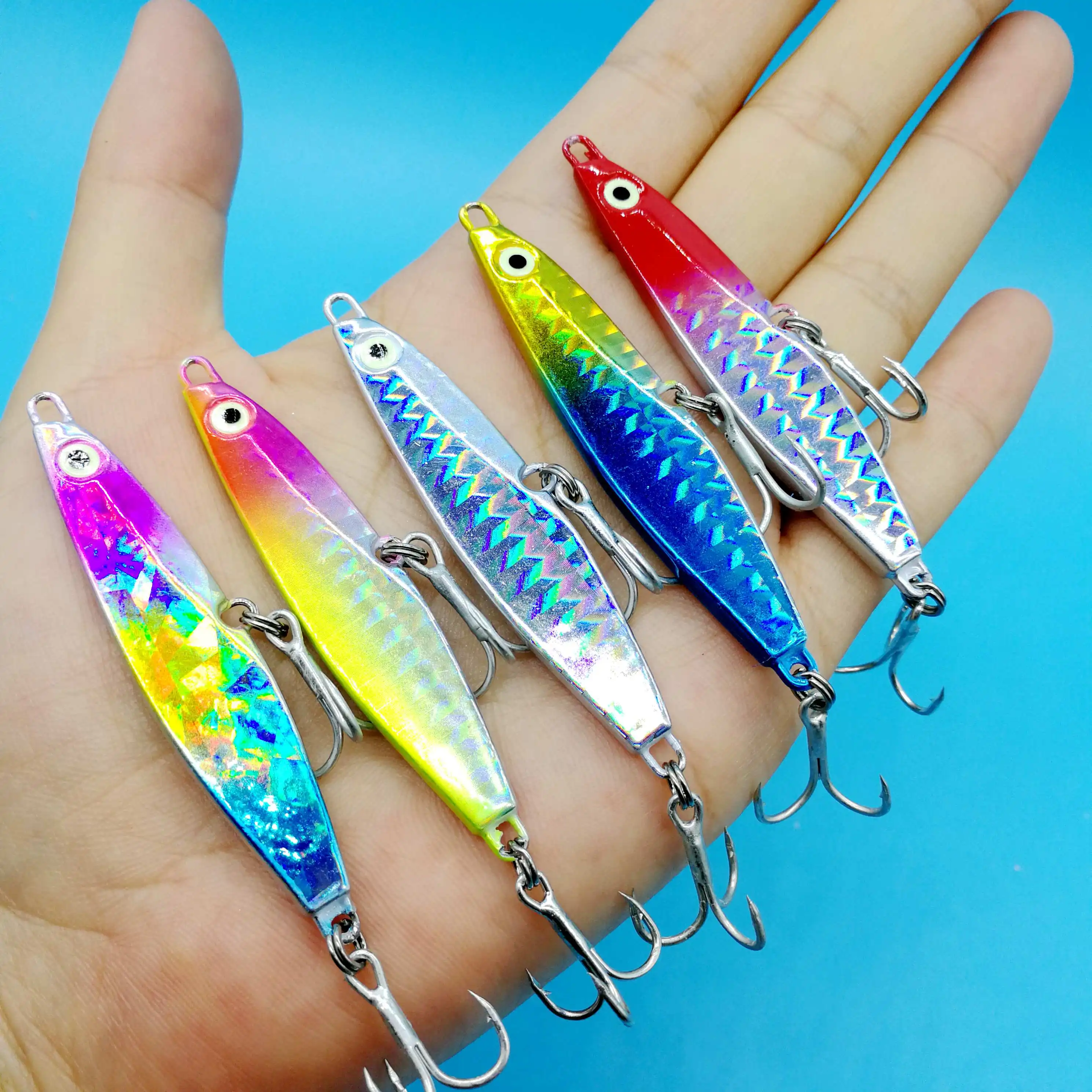 

HOOFISH 10PCS/LOT NEW Metal Jig Fishing Lure 14g/21g/30g Laser Bass Fishing Bait Jigs Leurre Peche Luminous Eyes Jigging Lure