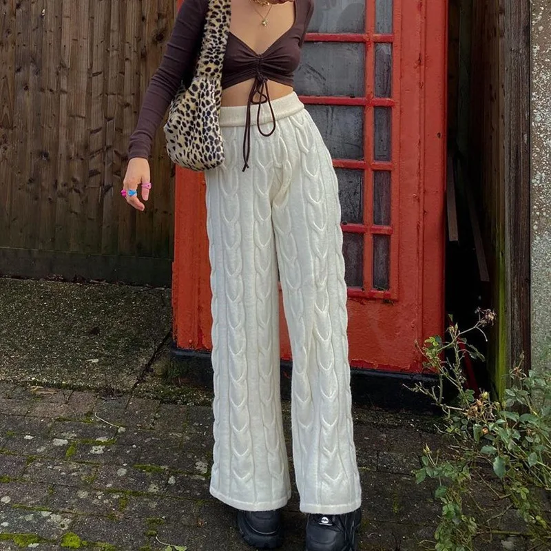 

Mandylandy Women's Sweatpants Fashion Knitted Casual Pants High Waist Wide Leg Pants Lady Solid Color Loose Home Long Trouser