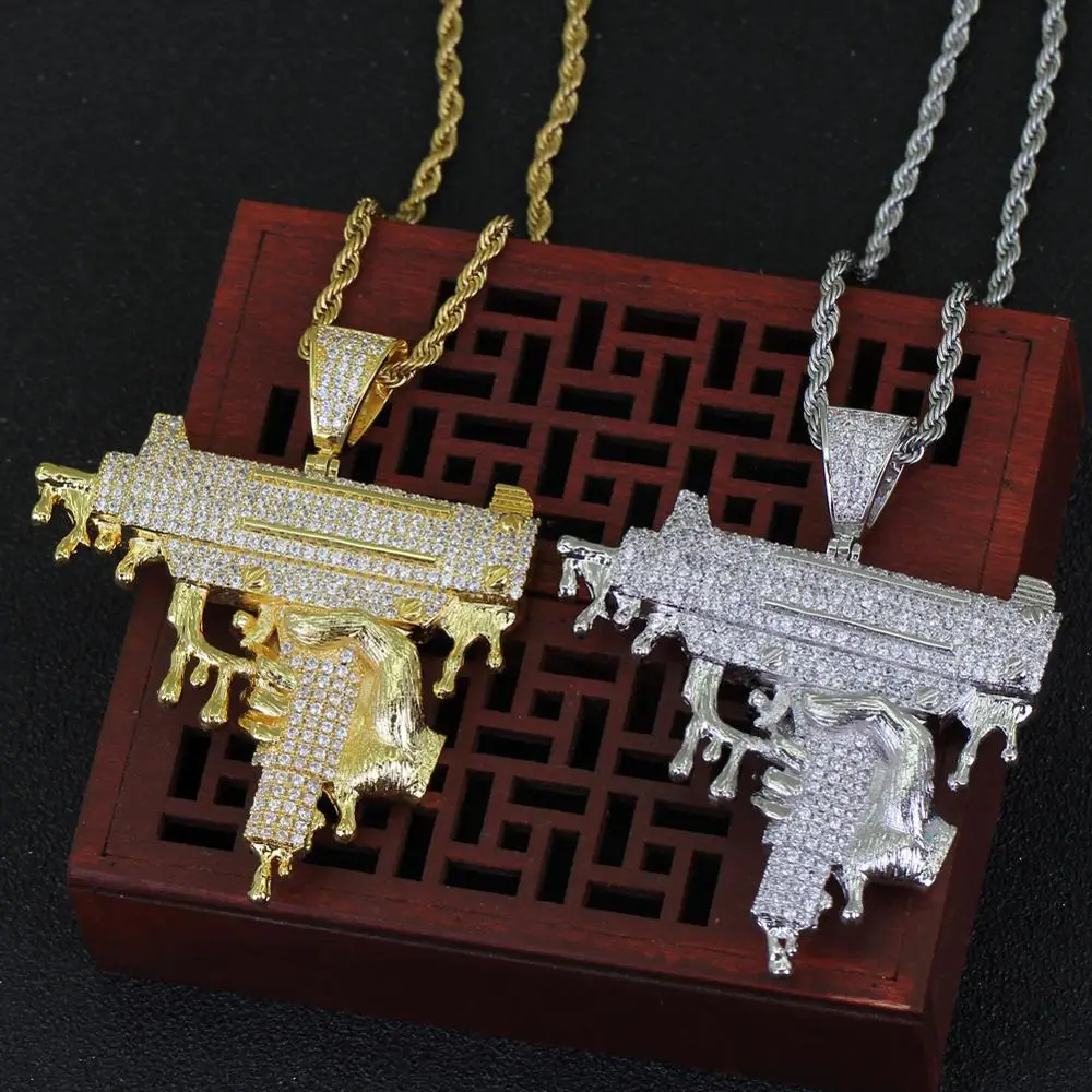 Льдом латунь CZ Большой Тяжелый в форме оружия Кулоны из нержавеющей стали