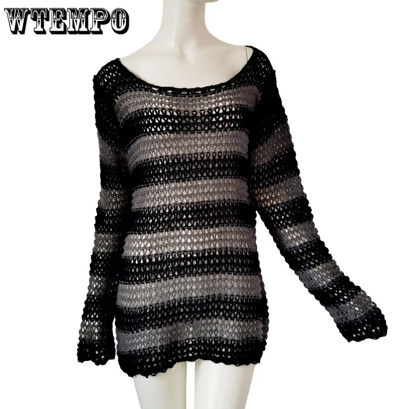 Свитер с дырками Модный пуловер вырезами джемпер черное Полосатое платье-свитер