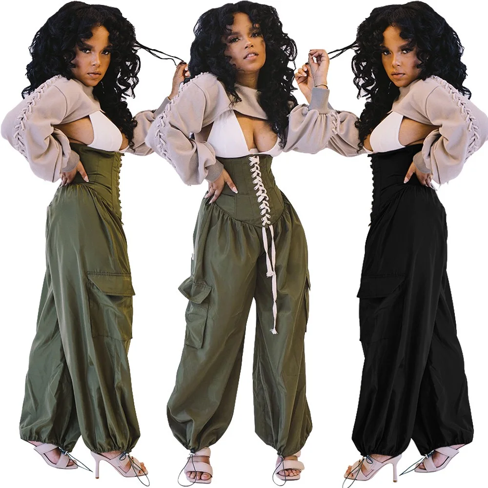 

Womenâ€™s HighÂ WaitÂ CargoÂ PantsÂ LooseÂ Corset Lace UpÂ SolidÂ ColorÂ TrousersÂ FashionÂ Street WearÂ PocketÂ SafariÂ StyleÂ Wide Leg Pants