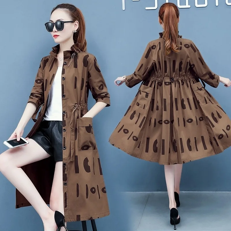 

2020 Women's new mid-length thin spring and autumn coat Korean style loose print fashion coat pocket plus size single breasted