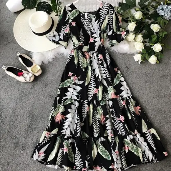 Сексуальное платье богемное с цветочным принтом летнее женское коротким рукавом