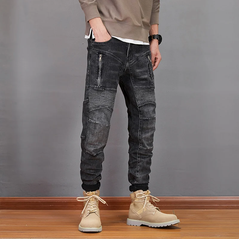 American Street Style Fashion Men Jeans Retro Black Gray Elastic Slim Fit Spliced Designer Biker Jeans Men Hip Hop Denim Pants