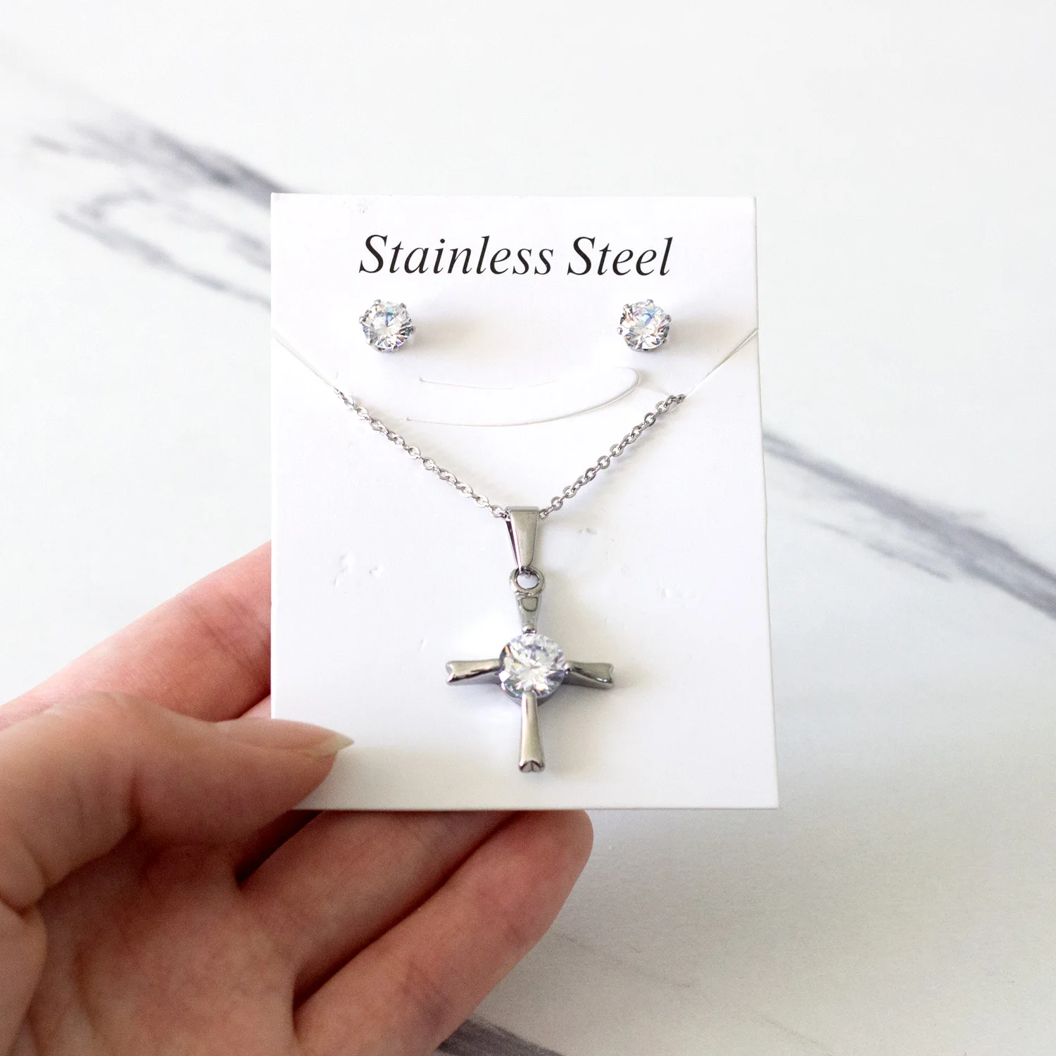 

LUXUKISSKIDS Fashion Cross With Crystal Stainless Steel Pendant Necklaces Sets For Ladies Luxurious Wedding Jewelry Free Chain