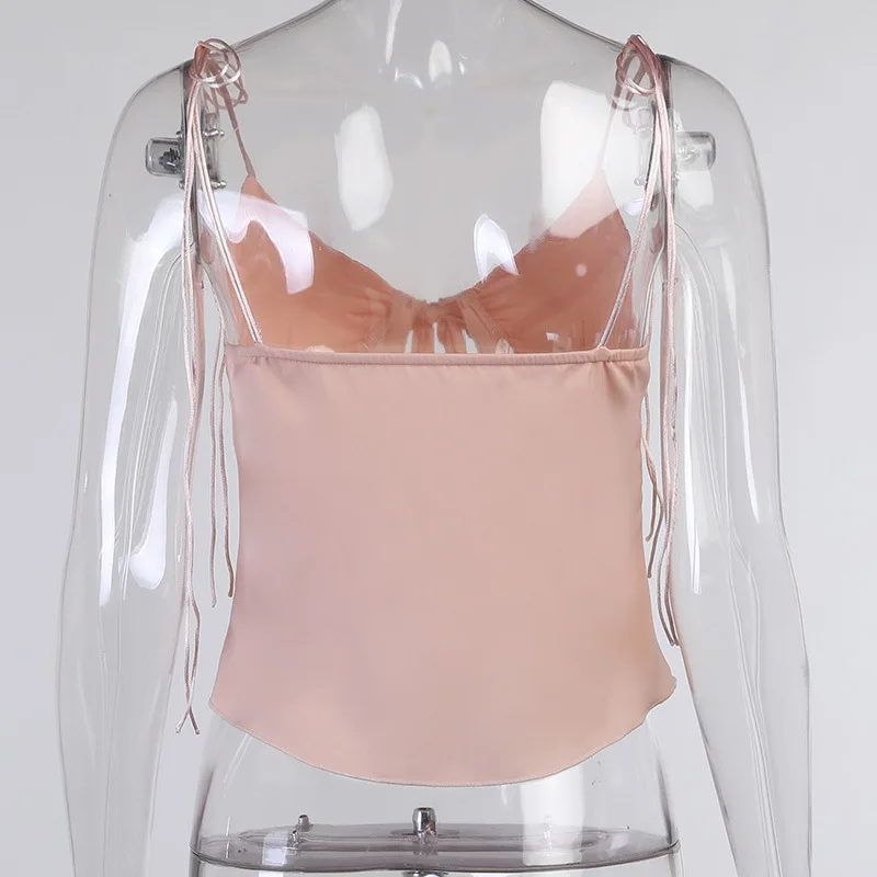 

Y2K Pink Cute Bow Tie Knot Crop Cami Tops Sexy V Neck Backless Thin Spaghetti Strap Camisole Women Sleeveless Top Streetwear