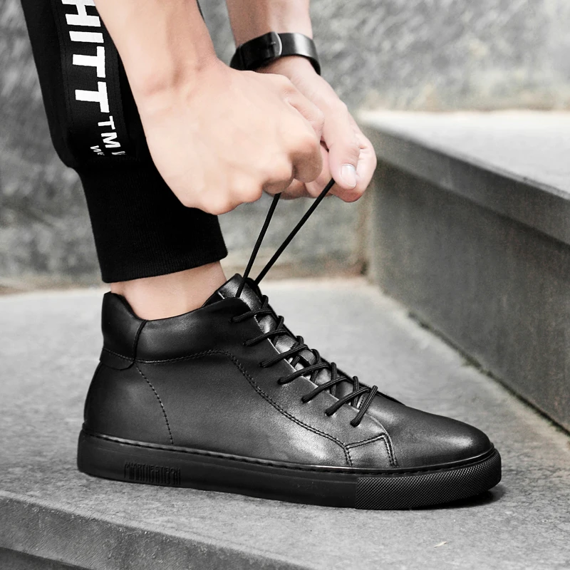 2019 autumn winter fashion men's shoes casual genuine leather male flats sneakers black high top shoe man platform for men |