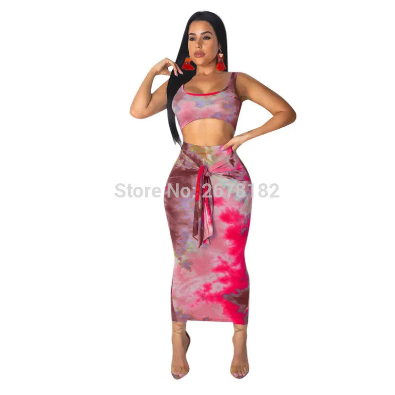 Tie Dye Print Женский Повседневный комплект из двух предметов без рукавов укороченный