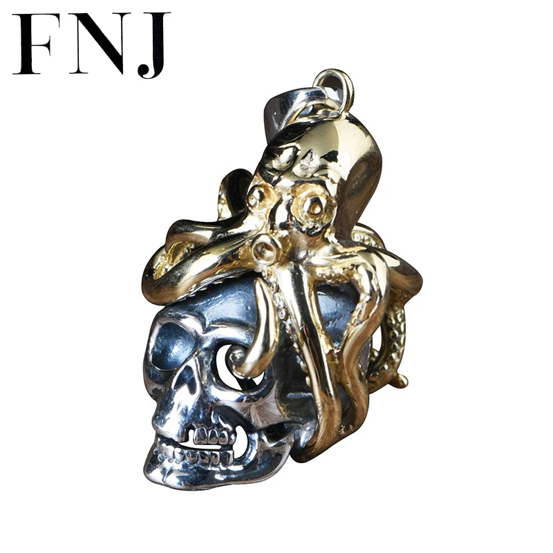 

FNJ 925 Silver Skull Pendant 100% Pure S925 Solid Thai Silver Punk Octopus Skeleton Pendants for Men Jewelry Making