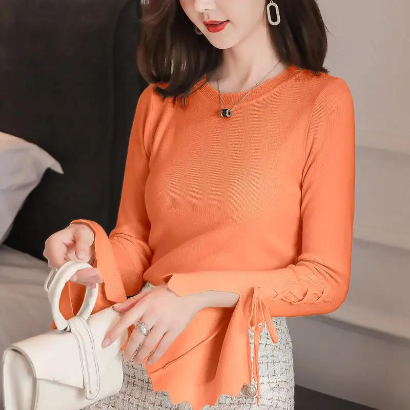 

Korean New Feminine knitted Sweater Fashion Cross Lace Up Sweater Woman Tops Long Sleeve O neck Pullover knitted Tops 10i