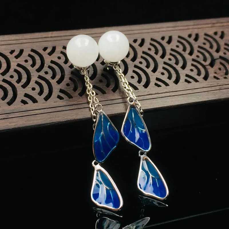 925 серебро нефрит из области Хэтянь серьги красивый комплект двух предметов