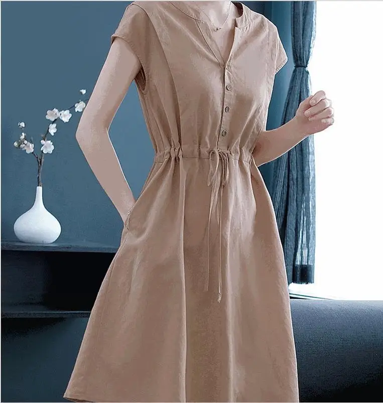 

BacklakeGirls Fashion Summer V Neck Short Shirt Dress Women Short Sleeve Buttons Cotton Linen Sundress Casual Loose Work Vestido