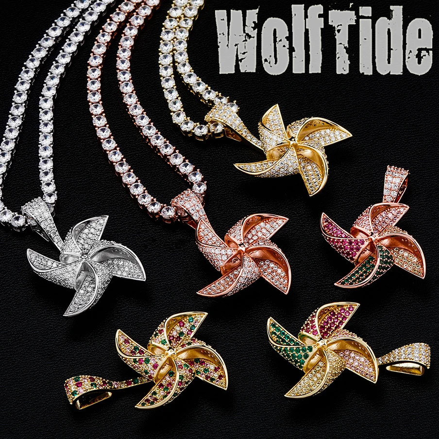 

1 New Rotatable Windmill Pendant Necklace Gold Plating Iced Out Cubic Zirconia Hip Hop Fashion Charm Jewelry for Gift Men Women