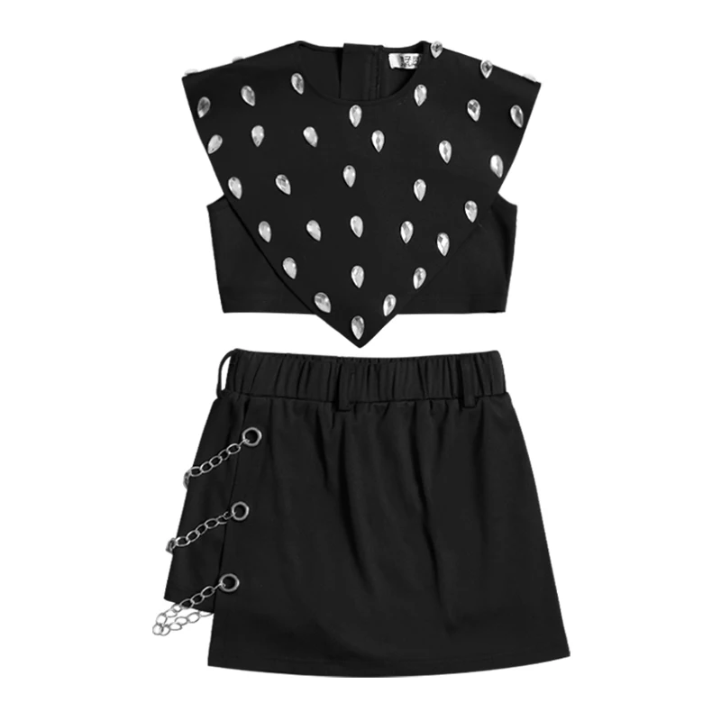 

Girls Jazz Dancing Clothing Rhinestone Vest Mesh Metal Decoration Shorts Suit Hip Hop Street Dance Performance Stage Wear YS1483