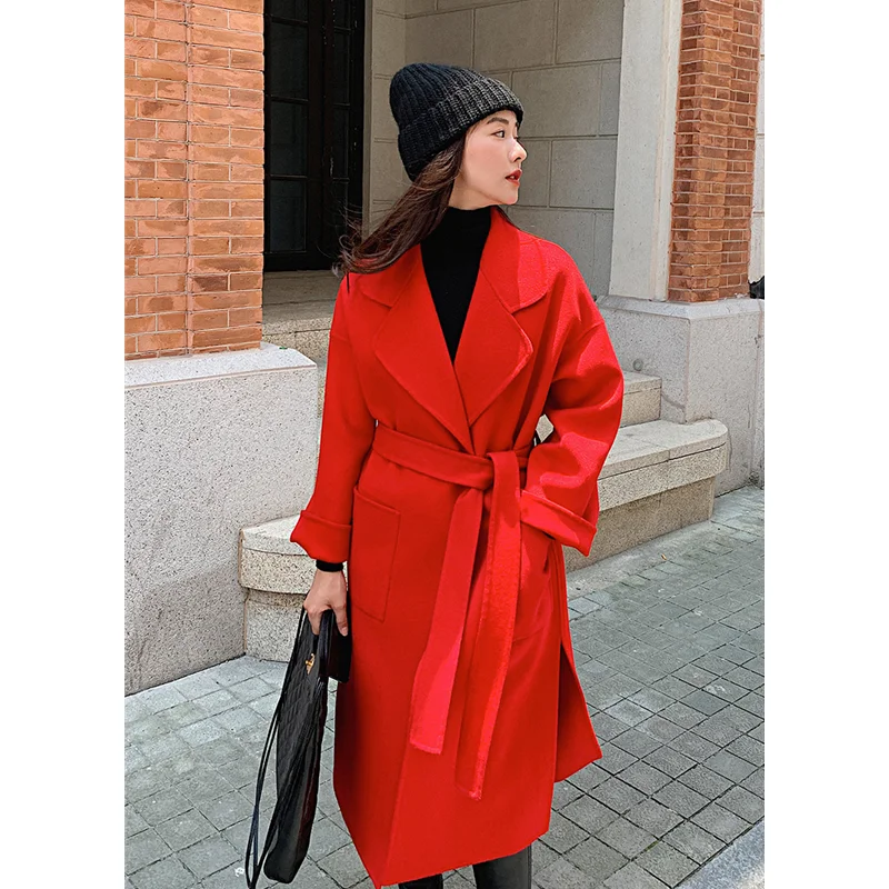 Пальто женское длинное двустороннее из чистой австралийской шерсти с лацканами |