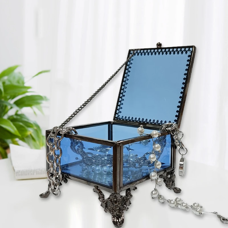 

Retro Decorative Jewelry Blue Case Glass Box with Charm Keepsake Trinket Box Romantic Home Decor Dresser Desktop Jewel for R9JE