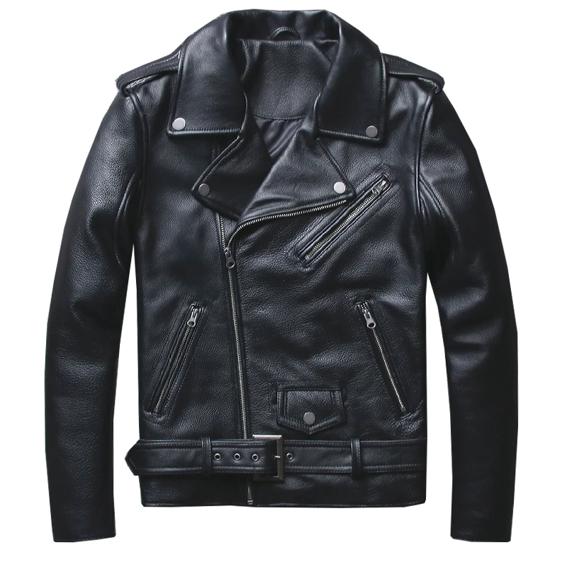 

Мужская кожаная куртка с ремнем, черная облегающая куртка из натуральной воловьей кожи с лацканами, на молнии, 2021