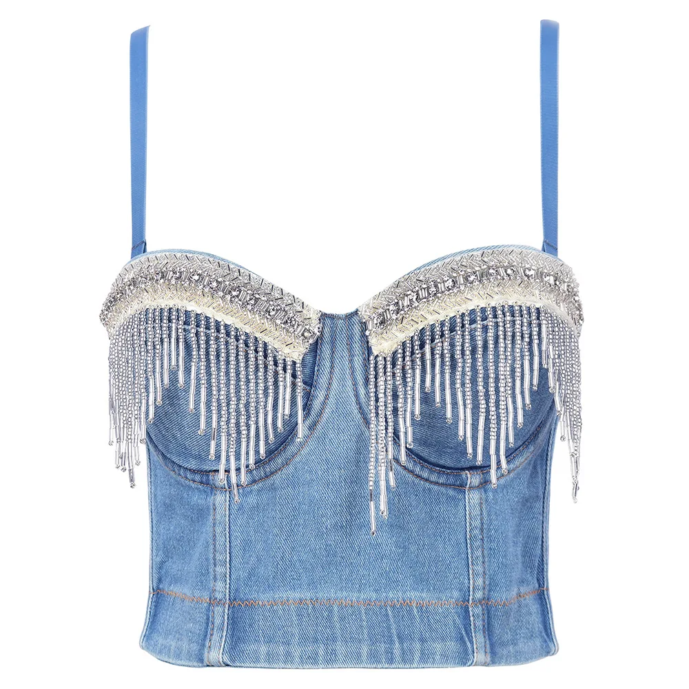 

Vintage Crop Top Women Bustier Backless Sexy Camis Push Up Denim Bra Beading Tassels Luxury Stage Clothing Party Club Vest Tanks