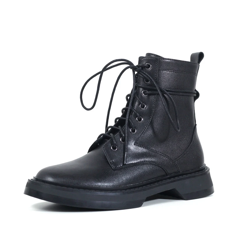 

FOREADA Med Heel Motorcycle Boots Woman Real Leather Ankle Boots Platform Block Heel Short Boots Lace UP Female Shoes Black 39