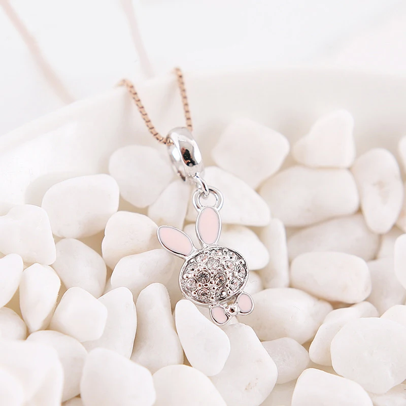Pink Bow Rabbit Подлинная 925 пробы серебряная подвеска с подвеской в виде жука Красная божья коровка подходит для браслетов Pandora женские ювелирные изделия - Цвет: Pink Bow Rabbit