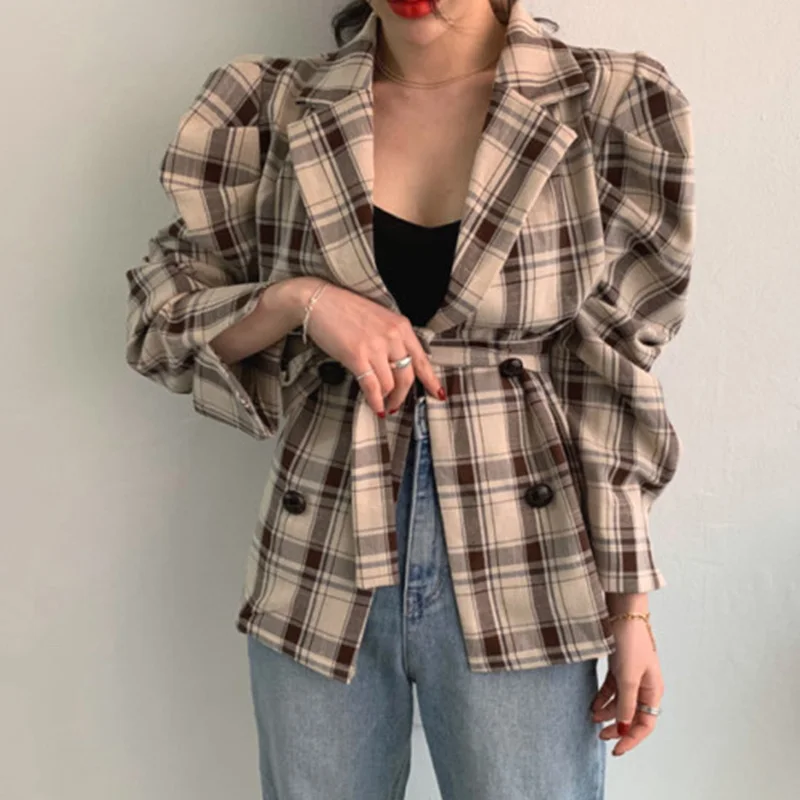 Винтажный буф-рукав женские блейзеры двубортный женский костюм с поясом куртка